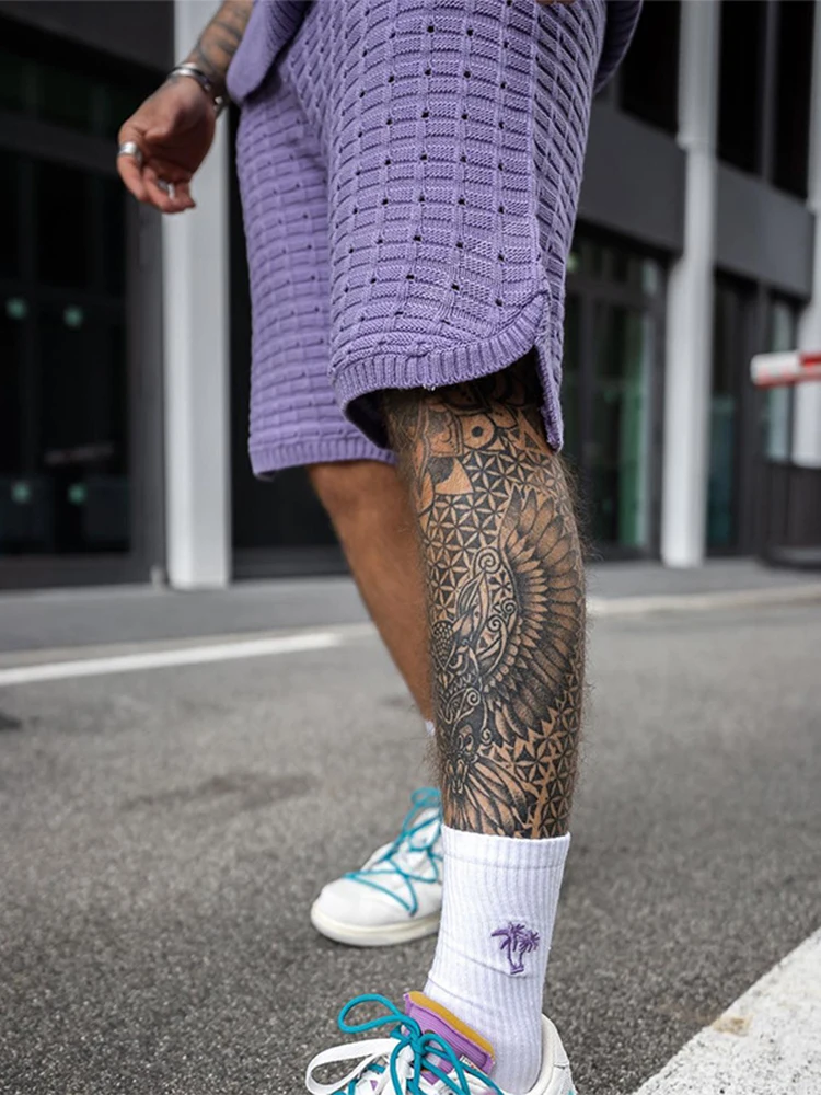 Streetwear 2022 Summer Men Fashion Outfits Knitted Solid Color Loose Two Piece Sets Mens Casual O Neck Pullover And Shorts Suits