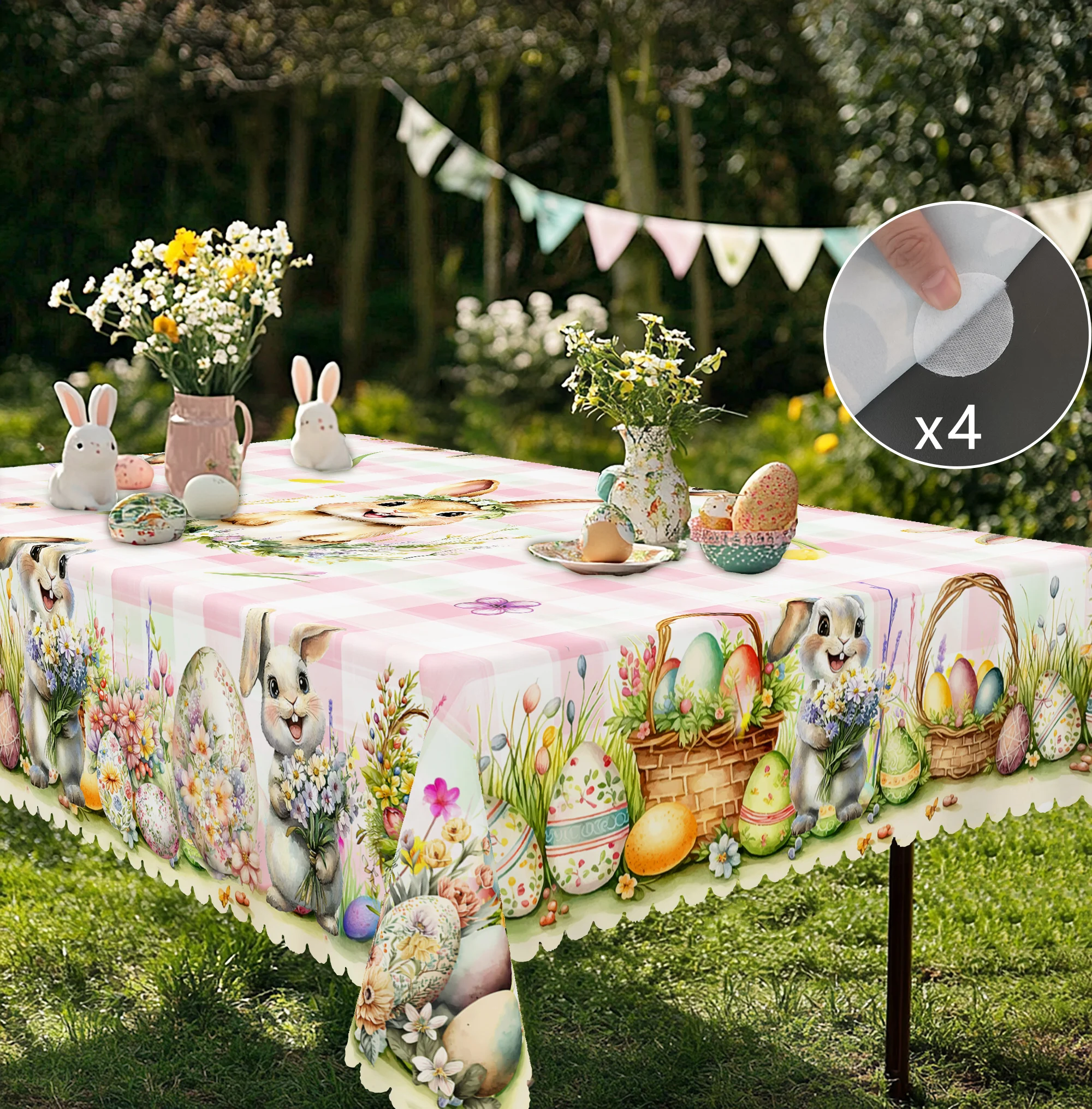 1 Easter Round Tablecloth, 5 Sizes Available, Tulip Easter Bunny Egg Plaid Printed Square Tablecloth, Edge Embossing Process, Spring Garden