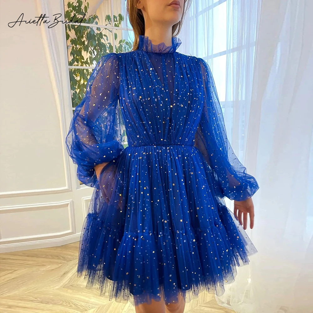 

Arietta Blue Starry Tulle Mini Prom Dresses Illusion Long Sleeves Above Knee A-Line Party Gowns Short Homecoming Dresses