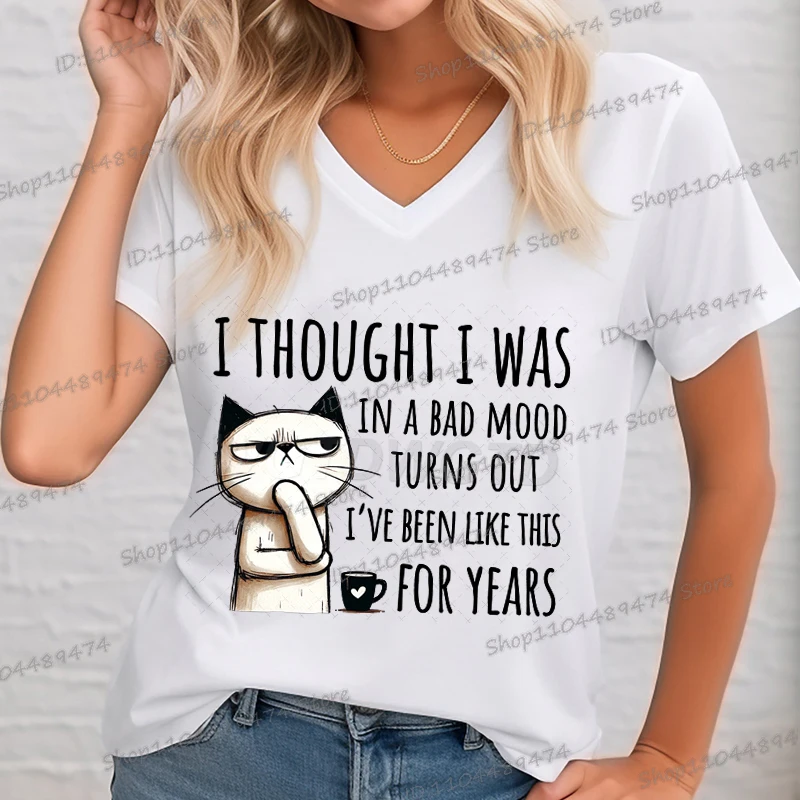 

Anime Cat and Coffee Women T-shirts Cartoon Funny Humorous Tees V Neck Short Sleeve T Shirts Hippie Animal Quotation Female Tops