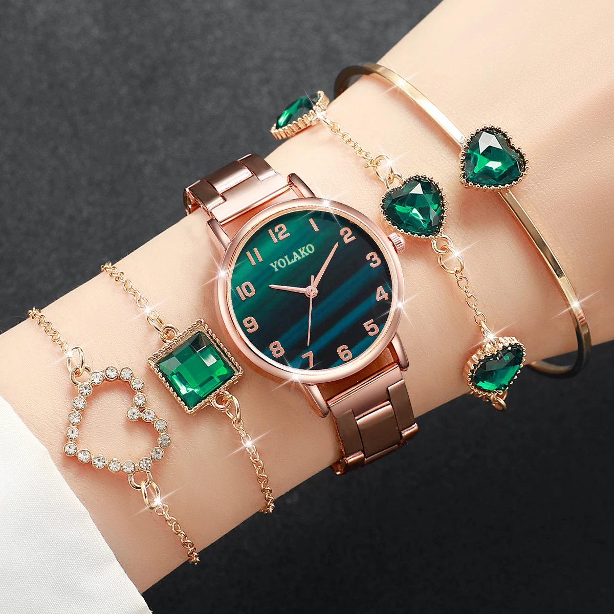 5PCS/Set Fashion Green Dial Women Quartz Watch Steel Band Watches Bracelets Set(Without Box)