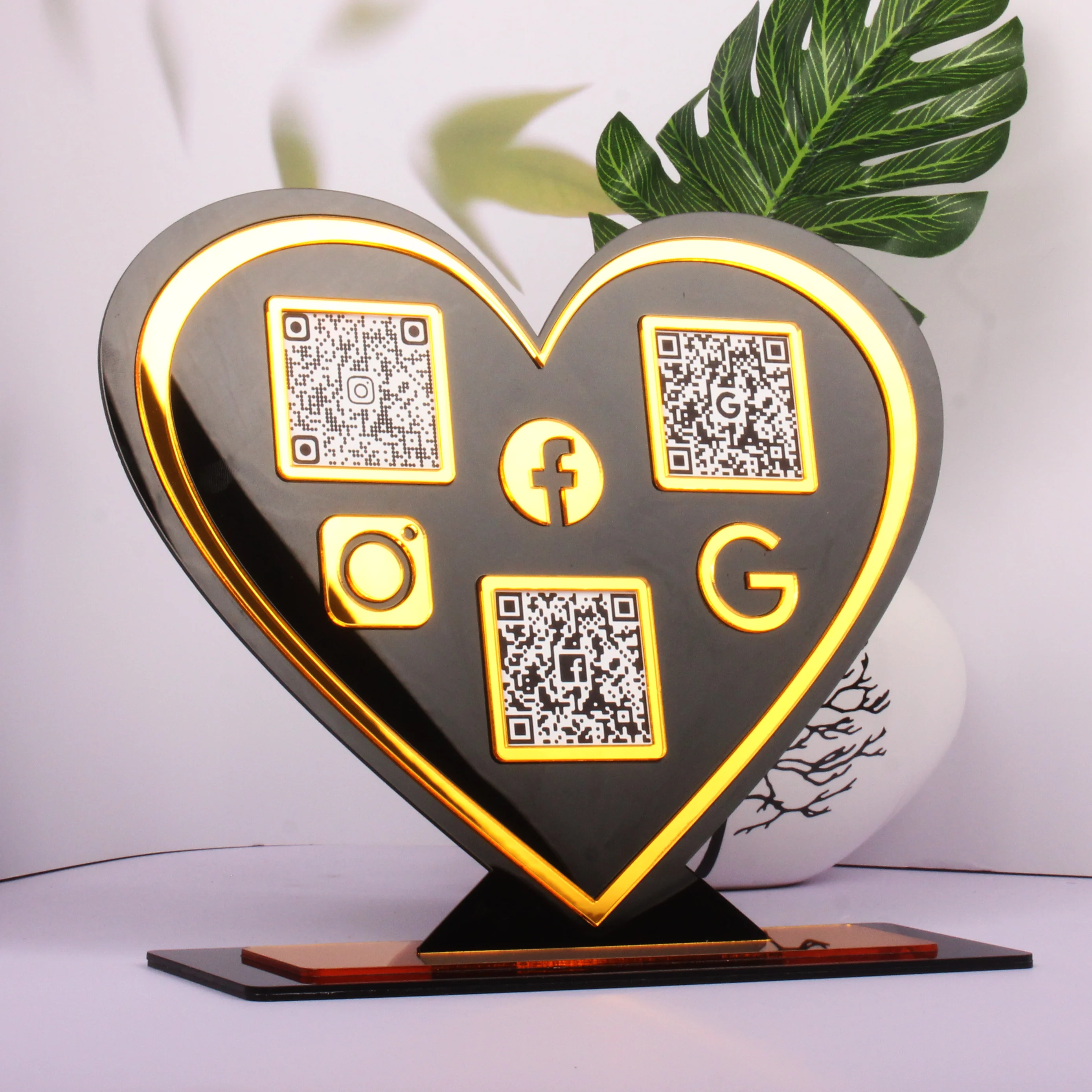 Business Social Media Signs Scan QR Code Personalized Follow Standing Acrylic Gold Icon Plate Instagram Facebook Google Sign