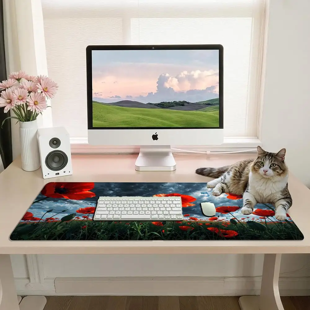 Aesthetic Red Poppy Wildflower Field Large Desk Pad Anti‑Slip Rubber Mousepad Moody Cloudy Sky Floral Landscape Gaming Mat