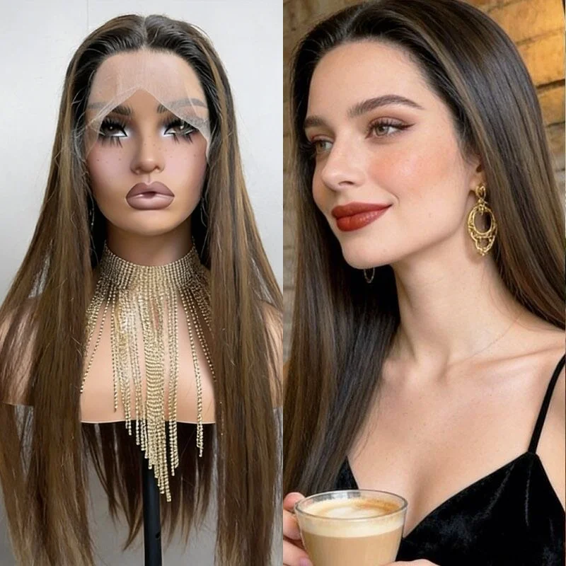 

Синтетический парик с омбре-эффектом, цвет шоколадно-коричневый, с невидимым прозрачным кружевом, 28 дюймов, длинный, прямой, для женщин с белой и черной кожей головы