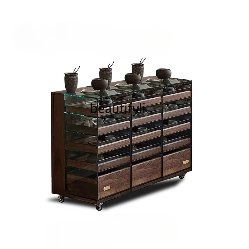 Black Walnut Wooden Teaware Storage Display Cabinet Made of Glass Storage Cabinet Removable Solid Wood Tea Side Cabinet