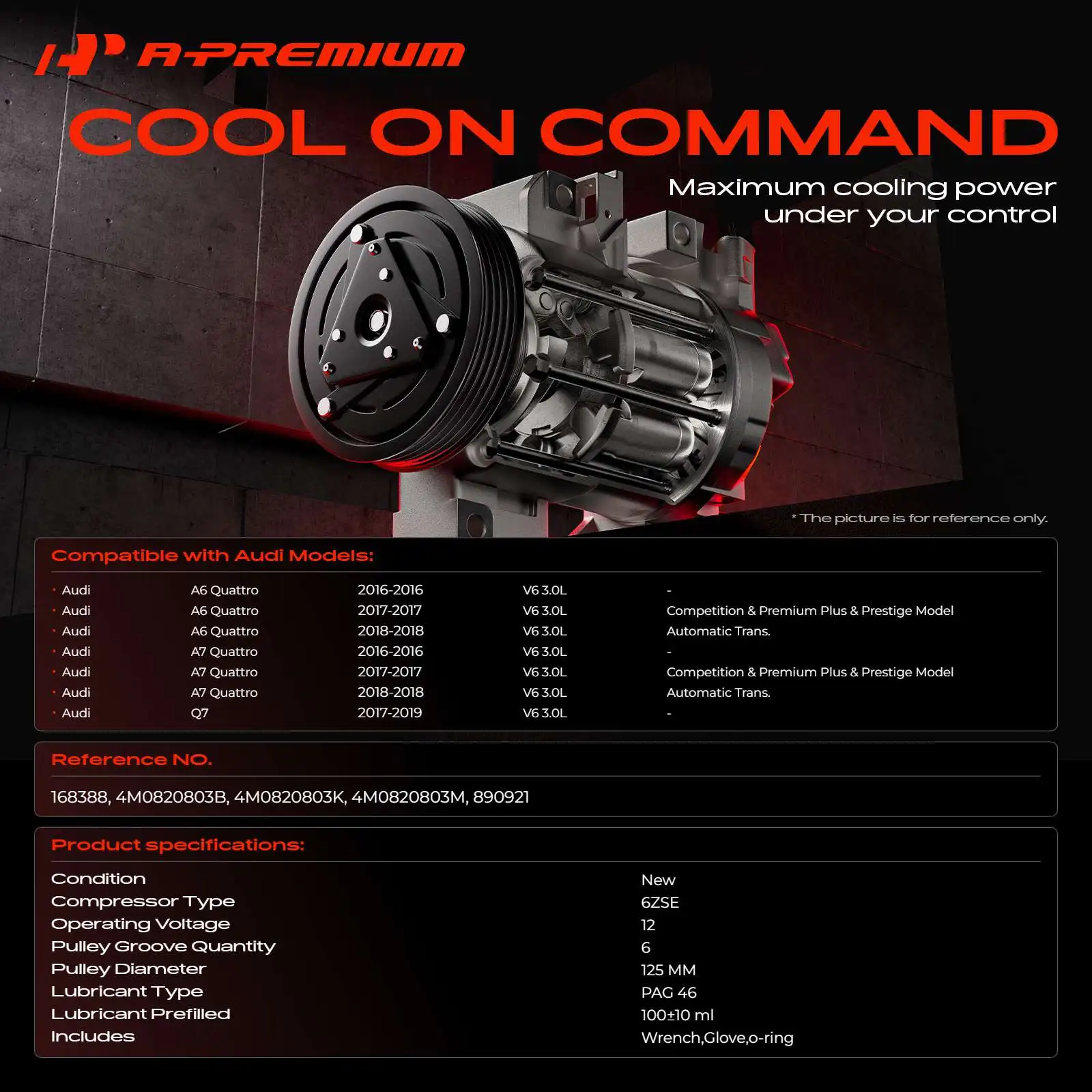 A-Premium AC Compressor with 6-Groove Pulley for Audi Q7 2017-2019 A6 2016 A6 Quattro A7 Quattro 2016-2018