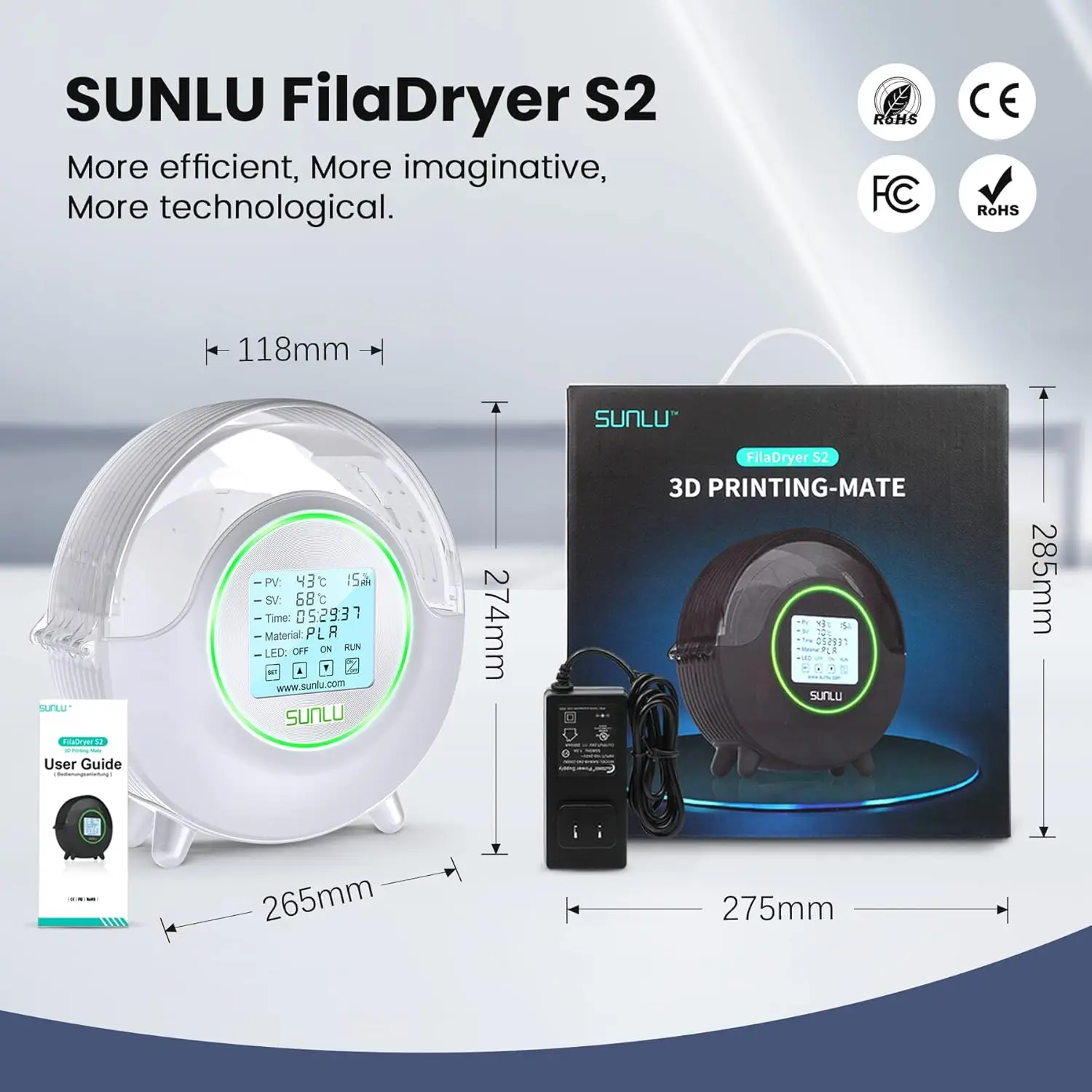 SUNLU S2 Filament Dryer 360° Surrounding Heating Storage Box with Fan LED Touch Screen for 3D Filament Dryer Printing Mate