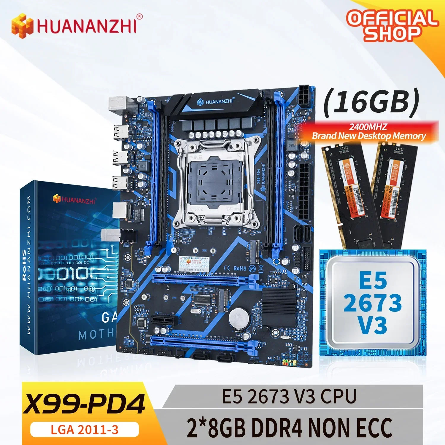 HUANANZHI X99 PD4 LGA 2011-3 XEON X99 Motherboard with Intel E5 2673 V3 with 2*8G DDR4 NON-ECC Combo Kit Set M.2 NVME SATA