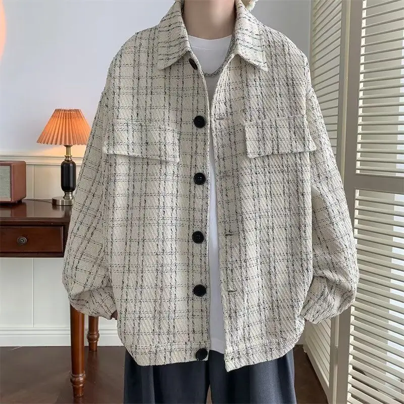 

Casual Plaid Young Style Jackets Men's Clothing Loose Turn-down Collar Spring Autumn Long Sleeve Korean Single-breasted Coats