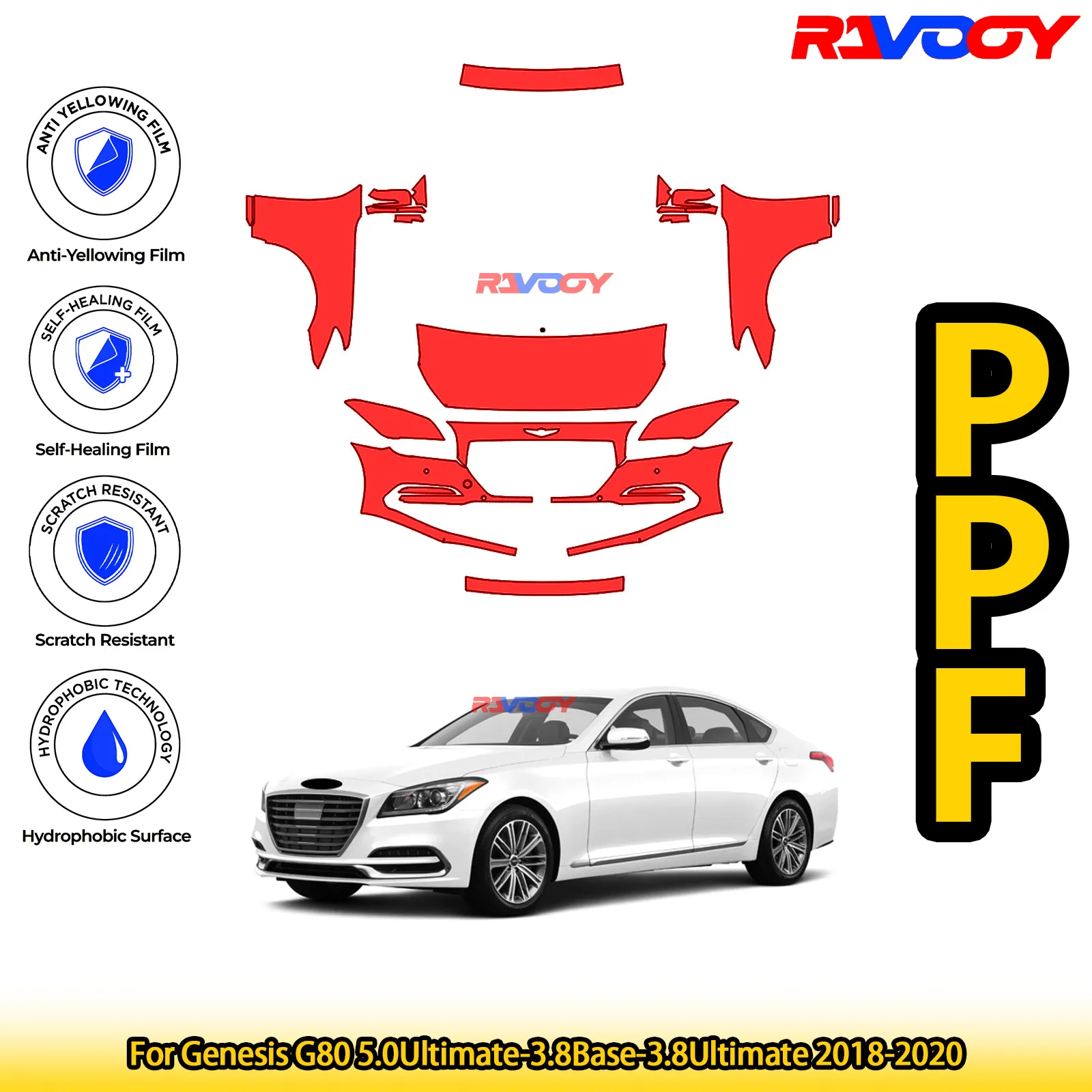 

For Genesis G80 5.0Ultimate-3.8Base-3.8Ultimate 2018-2020 Glossy Matte Black Precut front PPF Kit Paint Protection Film