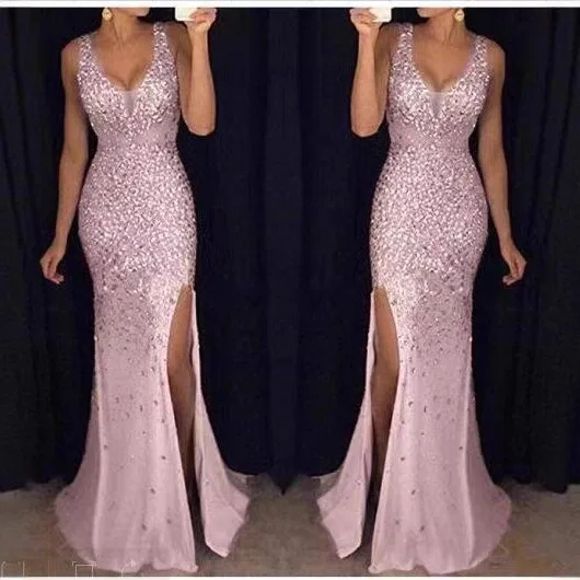 V-neck Pleated Slit Hot Stamping Slim Fit Dress for Dinner Party Commuting Graduation Ceremony Sexy Elegant Long Dress