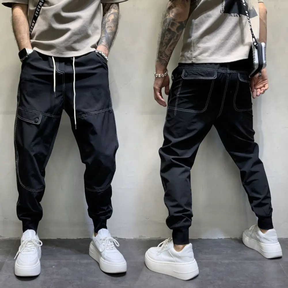 

Black Cargo Pants Men Spring Summer Personality Bright Line Harlan Pants Streetwear Loose Casual Pants Male Pockets Trousers