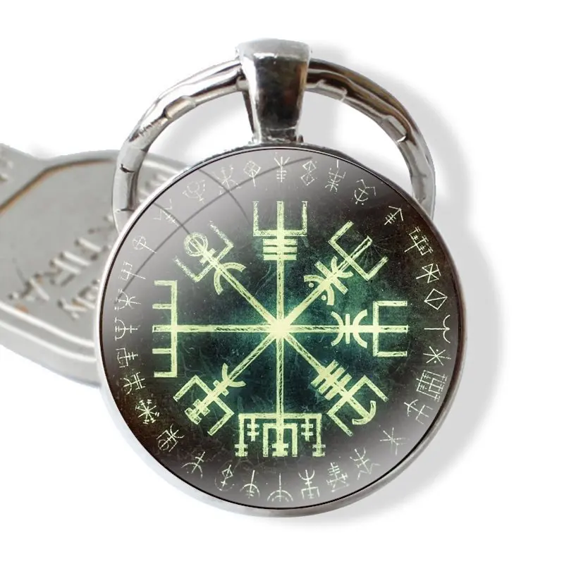 Vegvisir-Llavero vikingo de cabujón de cristal hecho a mano, llavero colgante, soporte