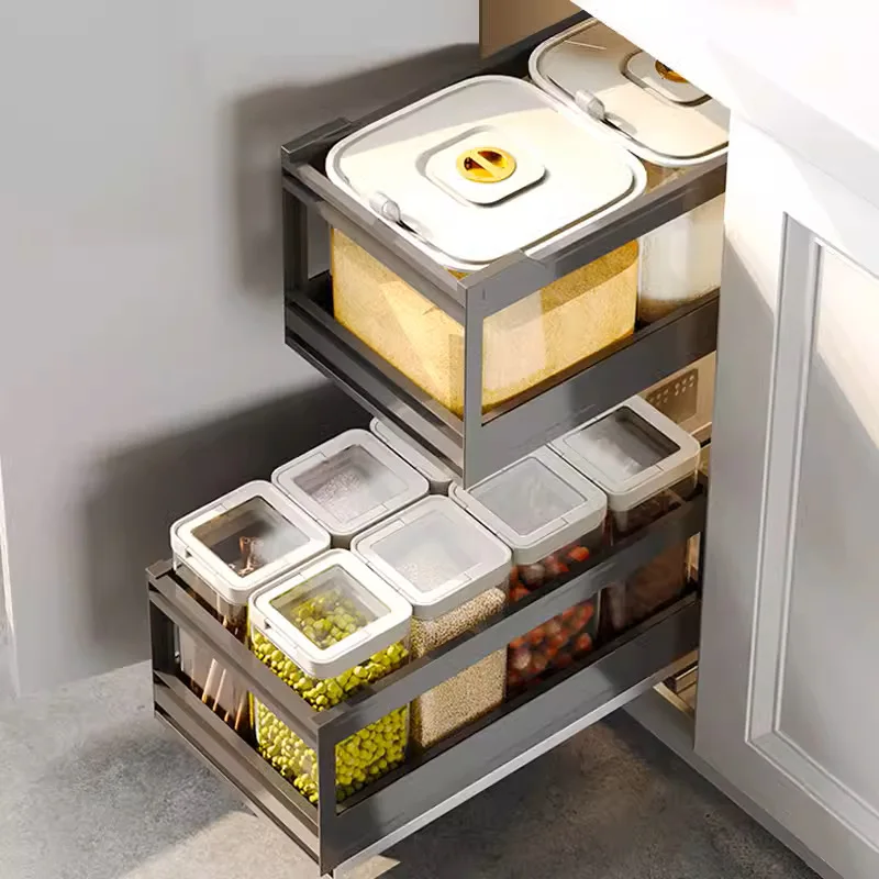 

Kitchen rice box dry goods pull basket aluminum alloy double-layer storage rack drawer type built-in cabinet pull blue storage