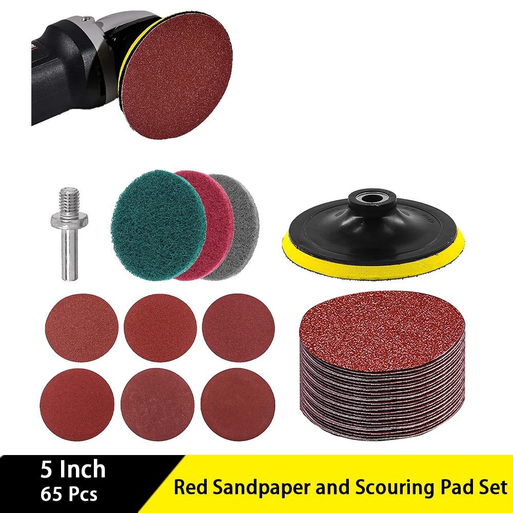 5 Inch Red Sandpaper and Scouring Pad Set 65 Pcs Hook and Loop Assorted 80/100/120/180/240/400 Grit for Polishing Metal Wood