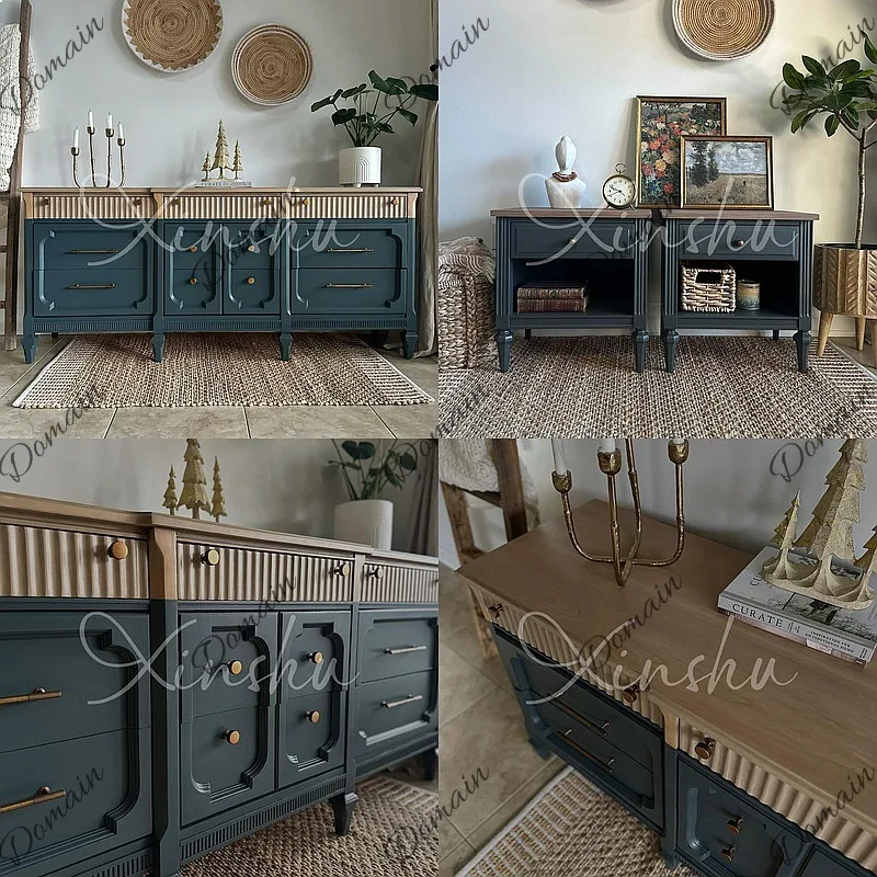 French Solid Wood Color Contrast TV Cabinet, Vintage Blue Floor Storage for Small Living Room