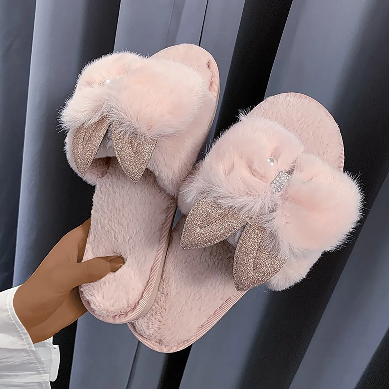 Womens Winter Shoes Cartoon Cat Ears Fuzzy Slippers Female Flip Flops Fluffy Shoes Home Plush Cotton Slippers Slides Slippers