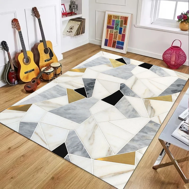 Marble Texture Geometric Area Rug Modern Gold Accent Abstract Pattern Non Slip Floor Carpet for Living Room Bedroom Home Decor