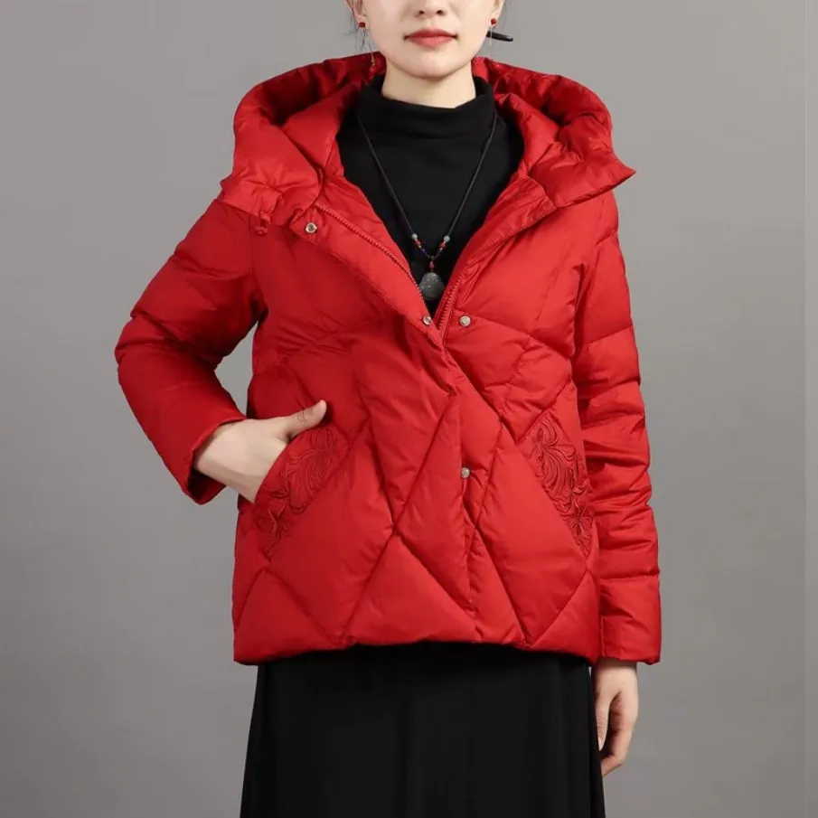 Short White Duck Down Jacket for Women, Chinese Style, Embroidery Plate Mouth, Warm Winter Coat, New