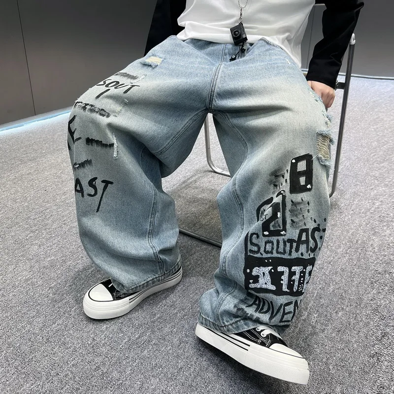 Fashion Kids Designer Hole Jeans with Graffiti for School Boy High