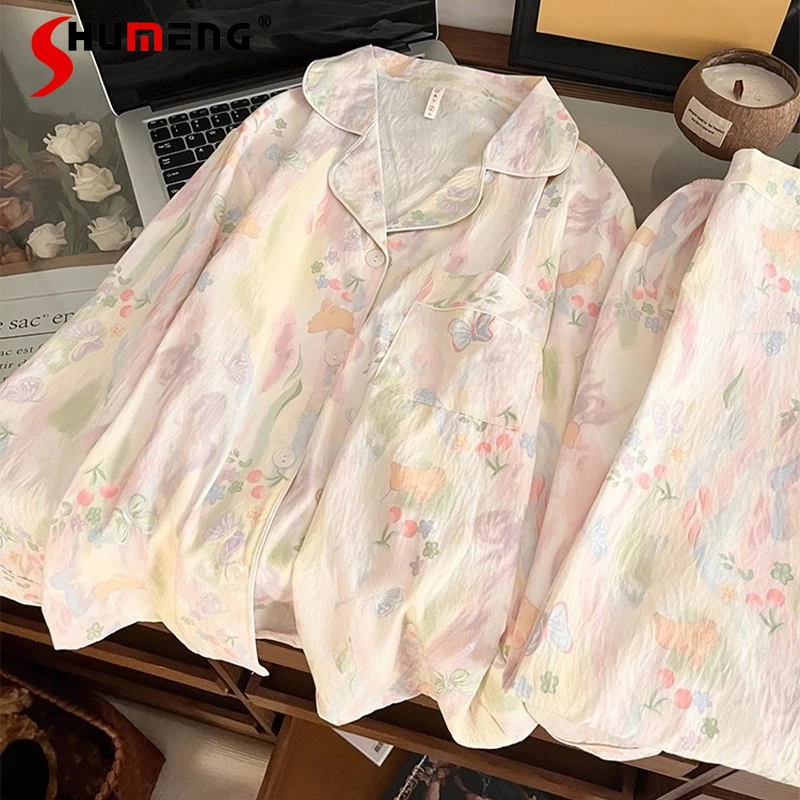 

Japanese Style Floral Pajamas for Women Spring Autumn Long Sleeve Butterfly Cute Sleepwear Female Pure Cotton Homewear Set