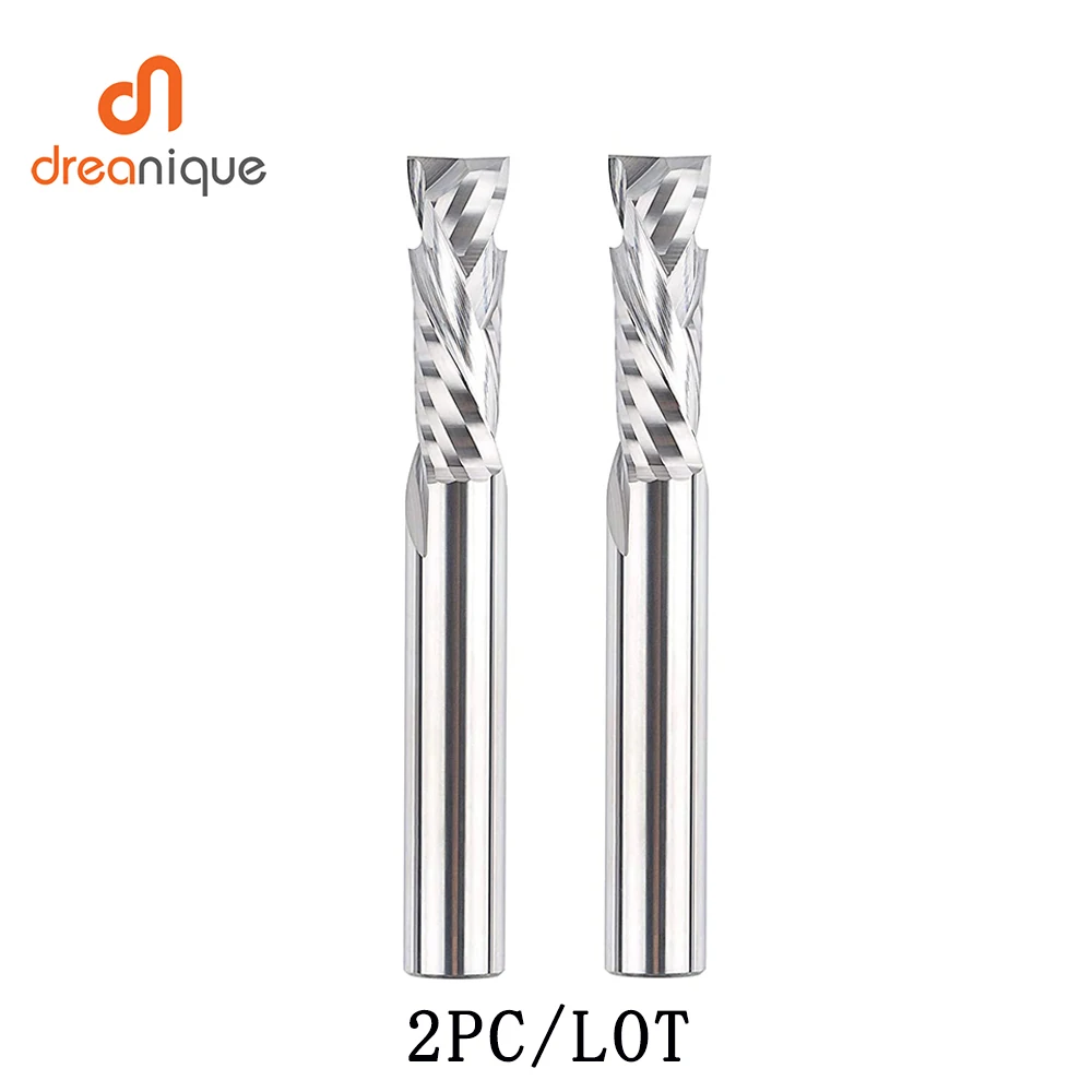 Dreanique 2 buah/lot CNC dua seruling Spiral, ujung kompresi, pekerjaan kayu Atas & bawah, pemotong penggilingan karbida, alat Router Bit