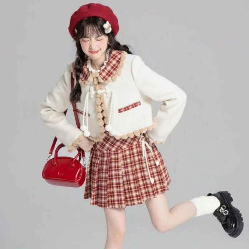 IMU Winter Christmas Women Red Matching Set Sweet Short Jackets Coat Plaid Plaeted Skirt Suit Korean Fashion Lolita Y2k Club Out
