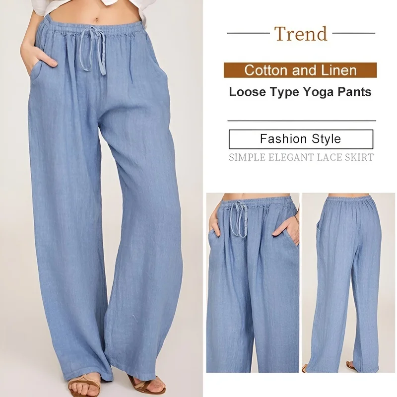 Casual Cotton and Linen Loose Yoga Fashionable and Versatile Solid Color Drawstring Wide for