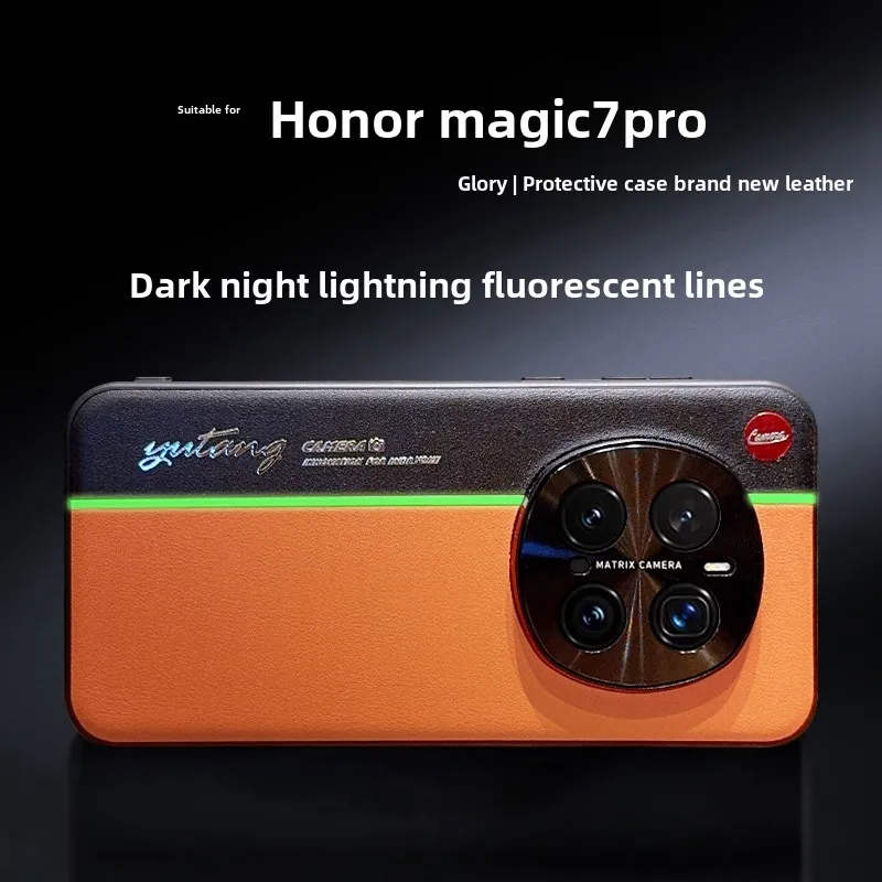 

Case For Honor Magic 7 Pro Luxury Leather Colorblock Fluorescent Strip Back Cover For Honor Magic7 Pro Ultra Shockproof Bumper