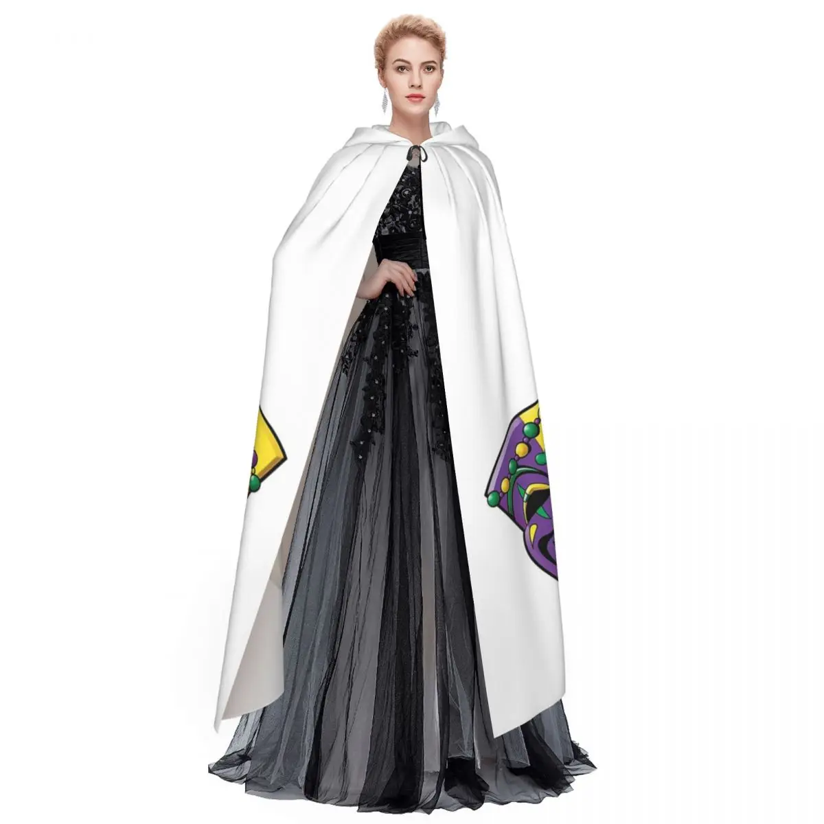 Mardi Gras Comedy And Tragedy Masks Long Hooded Cloak Witch Medieval Costume Cosplay Cape HalloweenParty Adult Unisex view 2