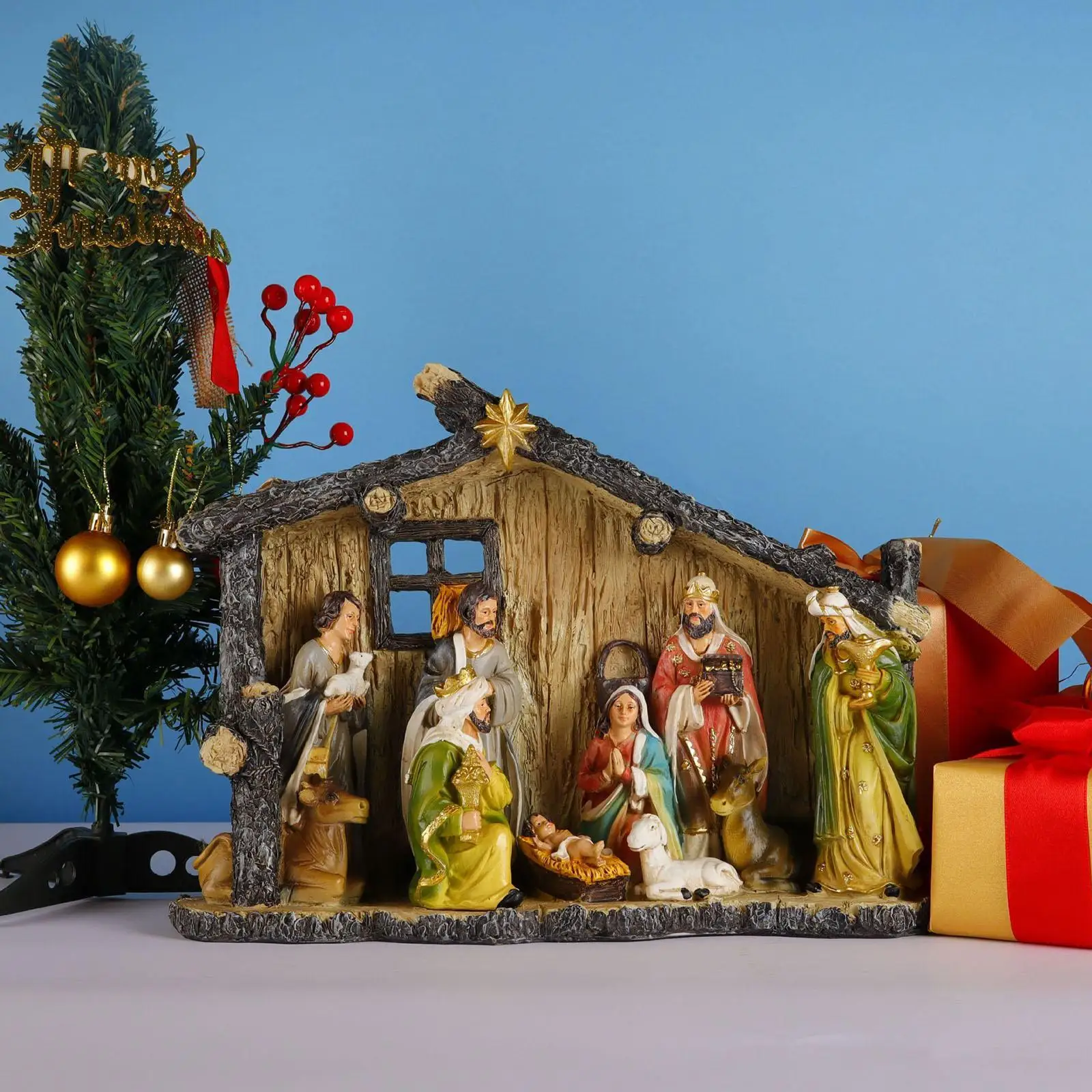 Nativity Scene Statue Christmas Figurine Resin Sculpture Tabletop Ornament for Office