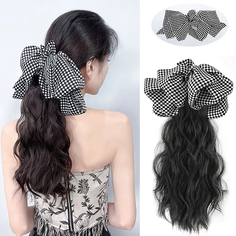 

Synthetic Long Claw Clip Ponytail Extension with Bow - Water Wave Synthetic Hair, Versatile for All Occasions, Grab Clip Wig