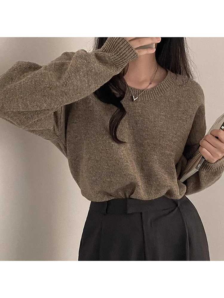 Fashion Women Sweater 2024 New Spring Korean Solid Color Loose  Pullovers O-neck Long Sleeve Tops Vintage Knitwear Clothing