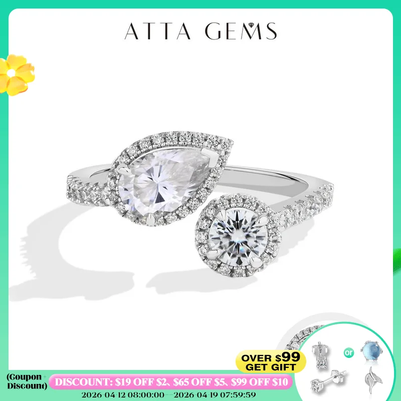 

ATTAGEMS Роскошные открытые кольца с муассанитом грушевидной огранки для женщин, из настоящего серебра 925 пробы, с двумя камнями, обручальные кольца, ювелирные украшения для помолвки, подарки