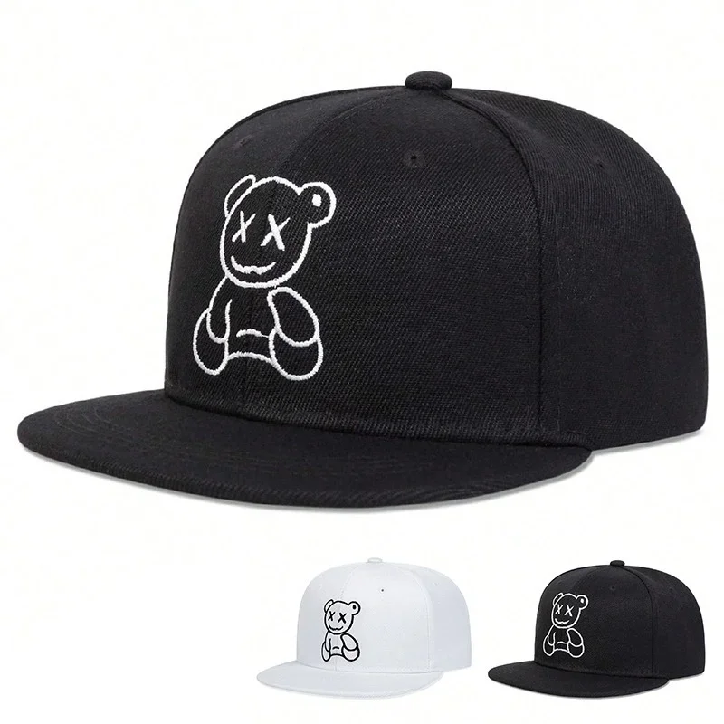 Cartoon Bear Outline 3D Embroidered Flat Brim Snapback Hat, Unisex Adjustable Street Baseball Cap for Men Wome