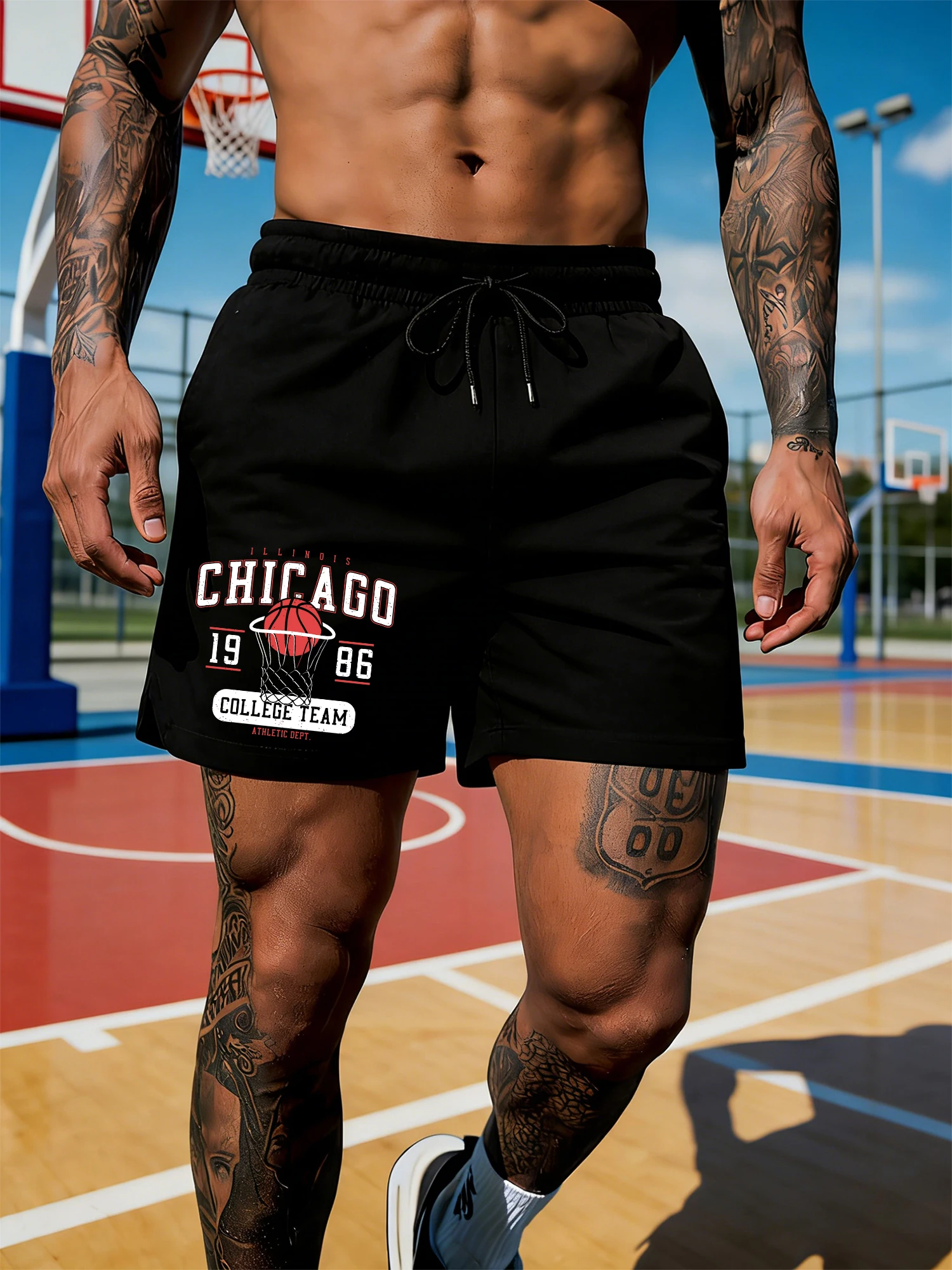 

Chicago Basketball College Team 1986 Sports Mens Shorts Summer Pocket Black Sportwear Unisex Loose Drawstring Wide-Leg Pants