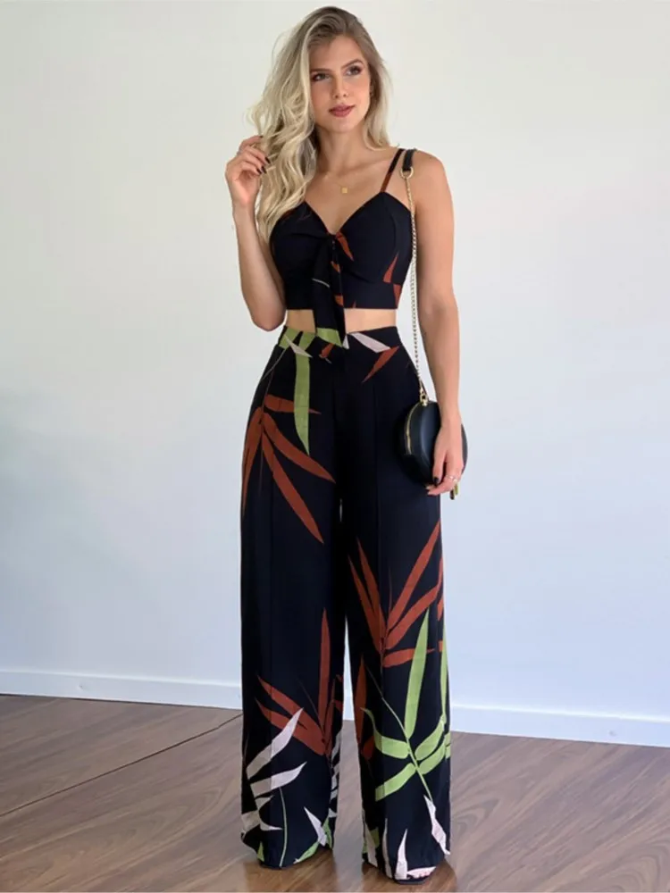 Sexy V Neck Sleeveless Tops Pants Set Office Lady Spring Summer Casual Print Blouse Trousers Two Piece Set Women Outfit 2023