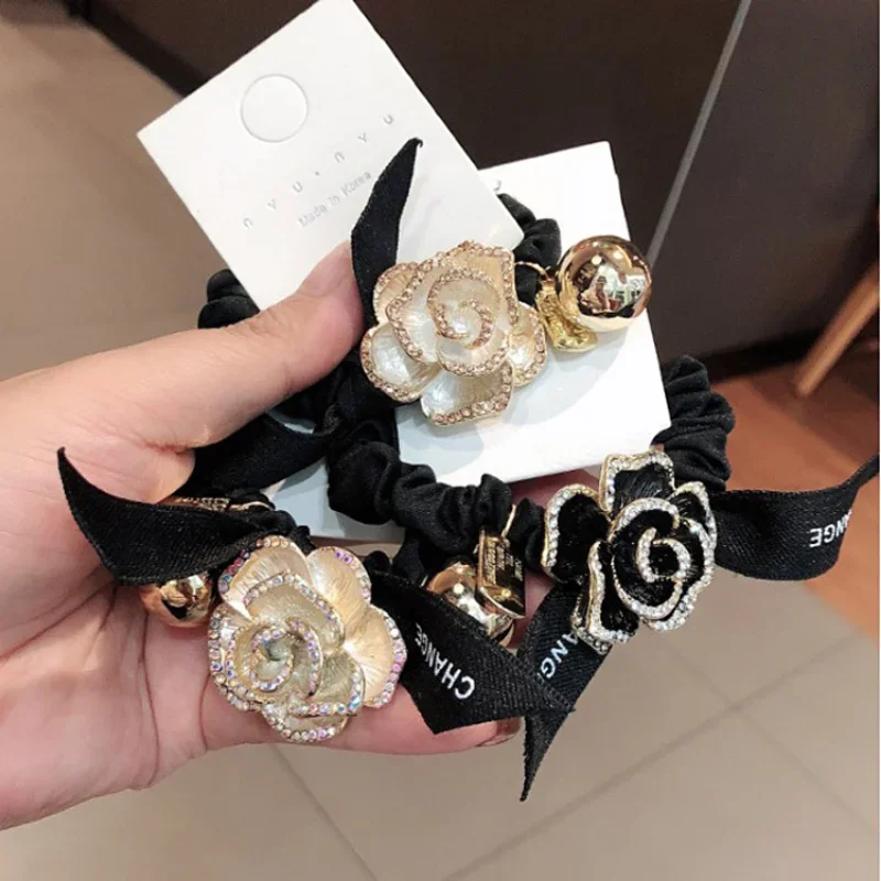 Korean New Rhinestone Hair Ties Ring Camellia Flower  Rope Female Pearl Head Rubber Band Jewelry  Accessories for Women