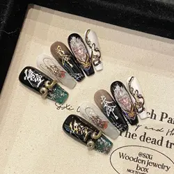 Handmade Press on Nails WU KONG Monkey Print Fake Nails Wearable Full Cover European Long Ballet Coffin False Nail Patches