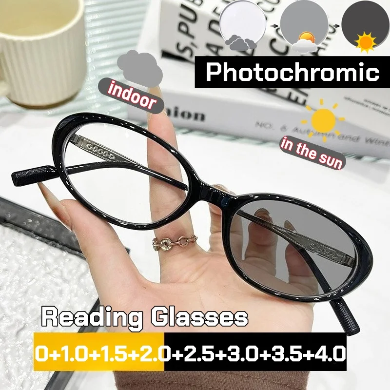 

Fashionable Personality Photochromic Reading Glasses Women Stylish anti blue light Color Changing Farisght Eyeglasses in The Sun