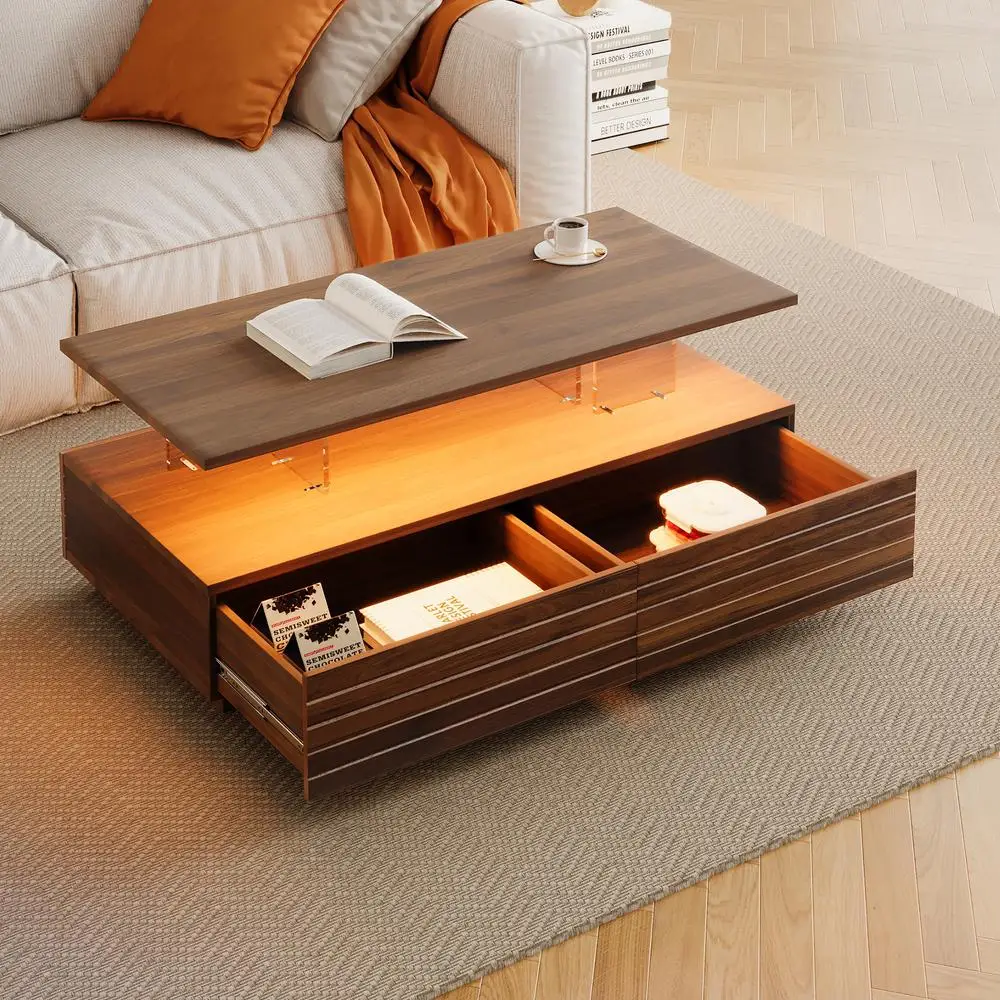 

Modern Walnut Coffee Table with LED Lights 47.2" Rectangular 2 Drawer Living Room Table