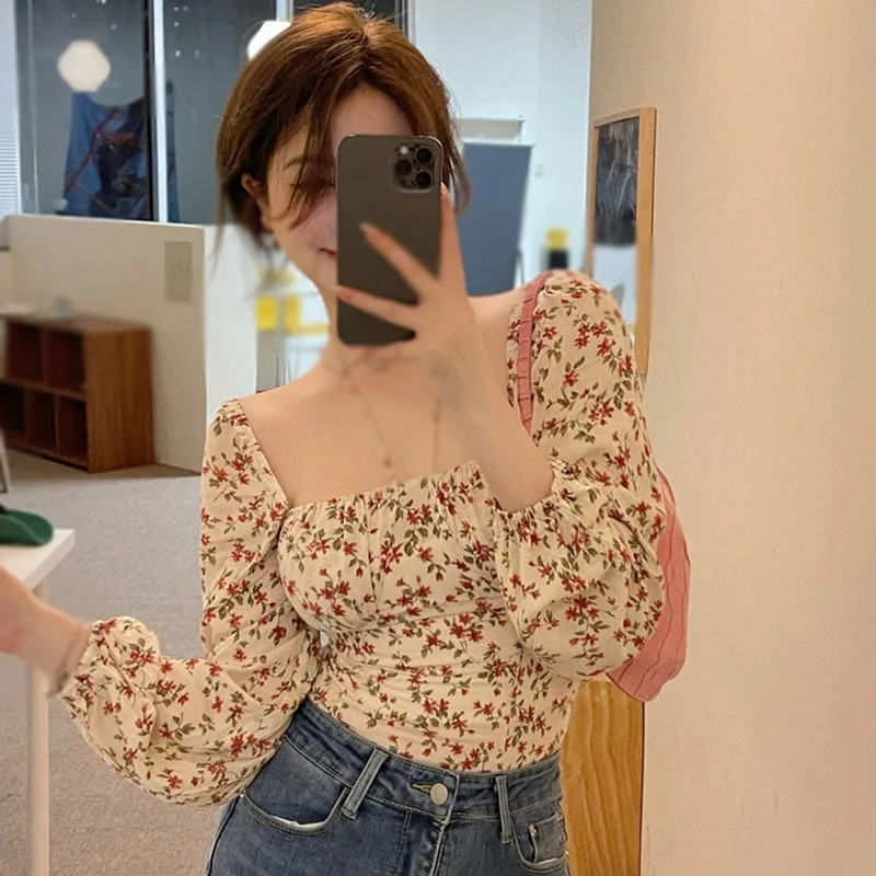 Women Floral Blouses Slim Print Lantern Sleeve Elegant Chiffon Shirts Ladies Sweet Square Neck Shirt Blouses Holiday Clothes