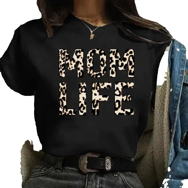 

Women's Top Leopard Print Fashion Girl Letter Base Shirt Women's Round Neck T-shirt Harajuku Graphic Summer polyester fabric