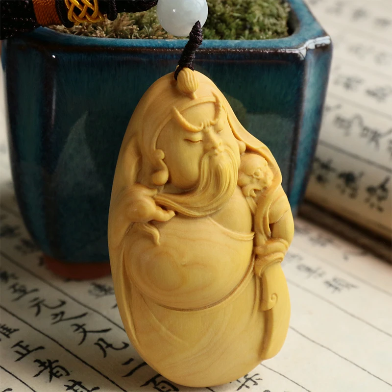 Guan Gong Pendant Masterpiece, Adorable Representation from Three Kingdoms Era: Boxwood Engraved Artistry, Distinct Solid Wood