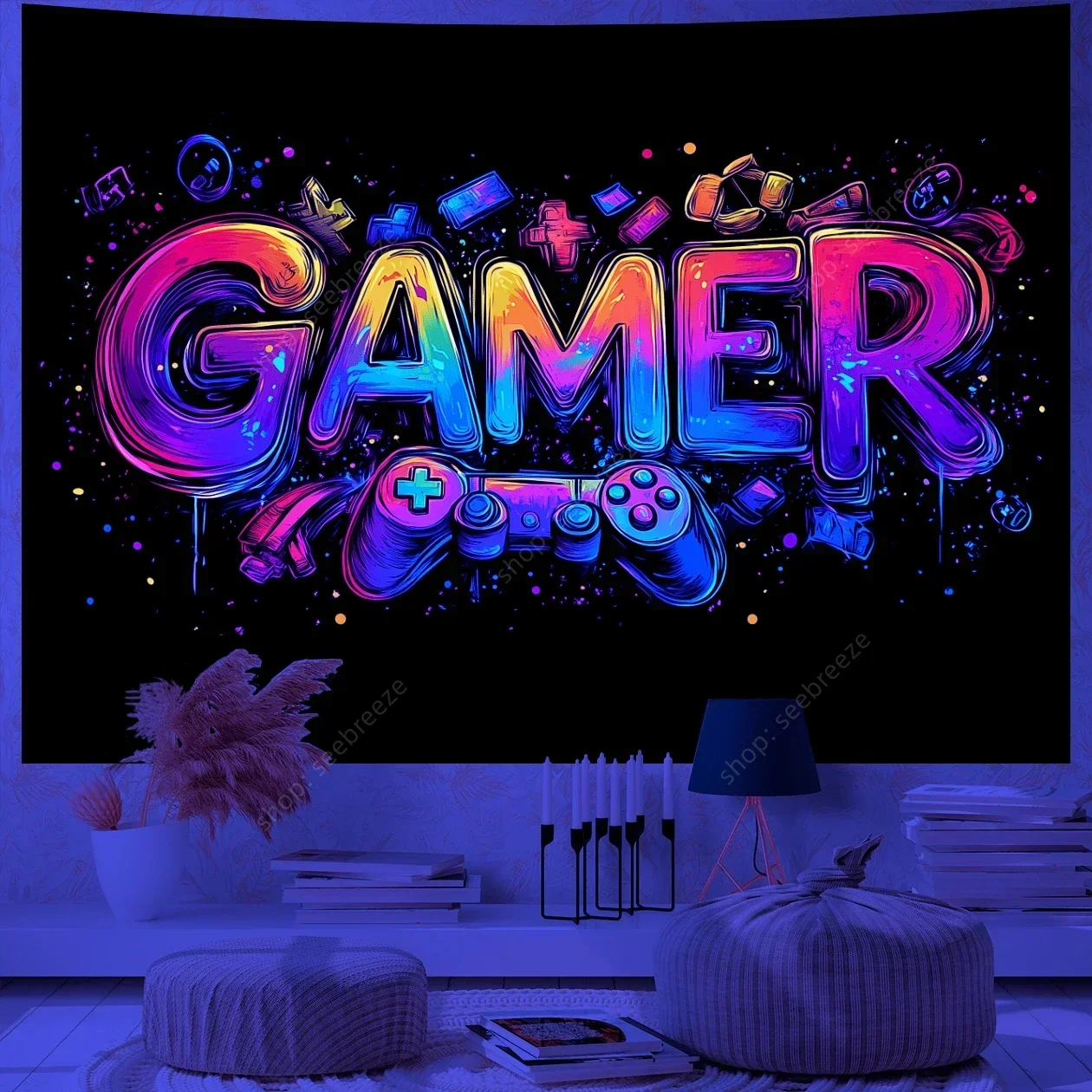 Game Over Game Zone UV Reactive Tapestry E-Sports Room Game Controller Tapestry Wall Hanging Neon Backdrop Dorm Bedroom Decor