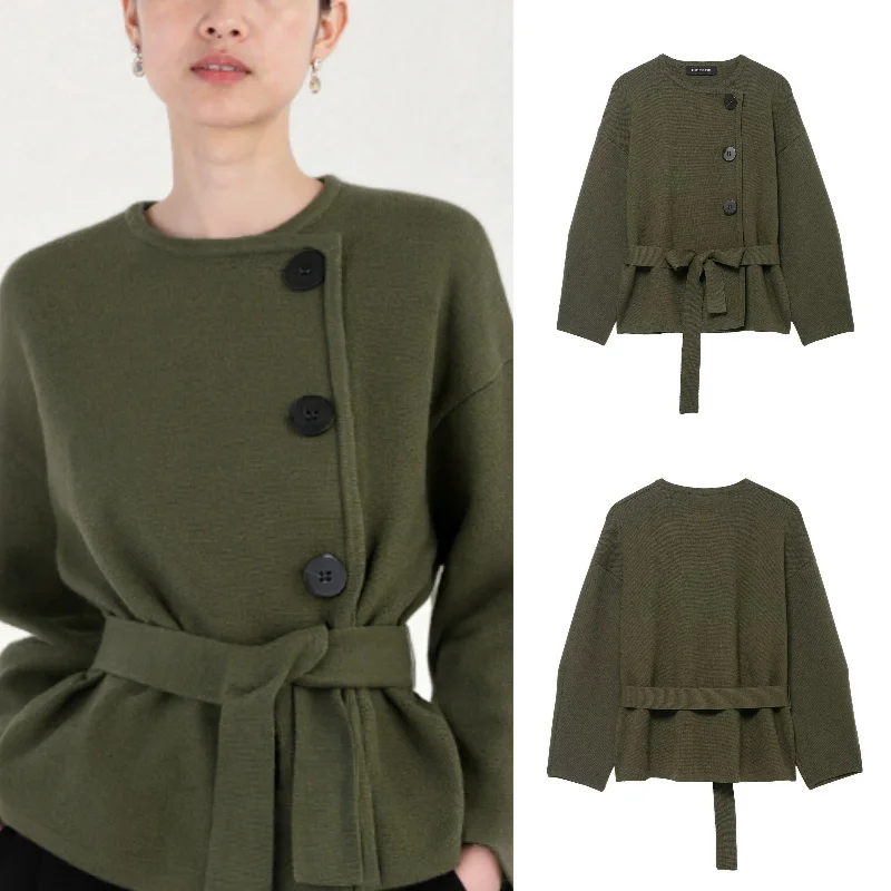 

2025 осень/зима, новое модное элегантное женское вязаное пальто с поясом в европейском и американском стиле