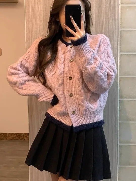 Soft Cr Knitted Open Cardigan Women's round Ne Mouton Lazy Sweater Jaet Spring Autumn Loose Fit Single Button Closure