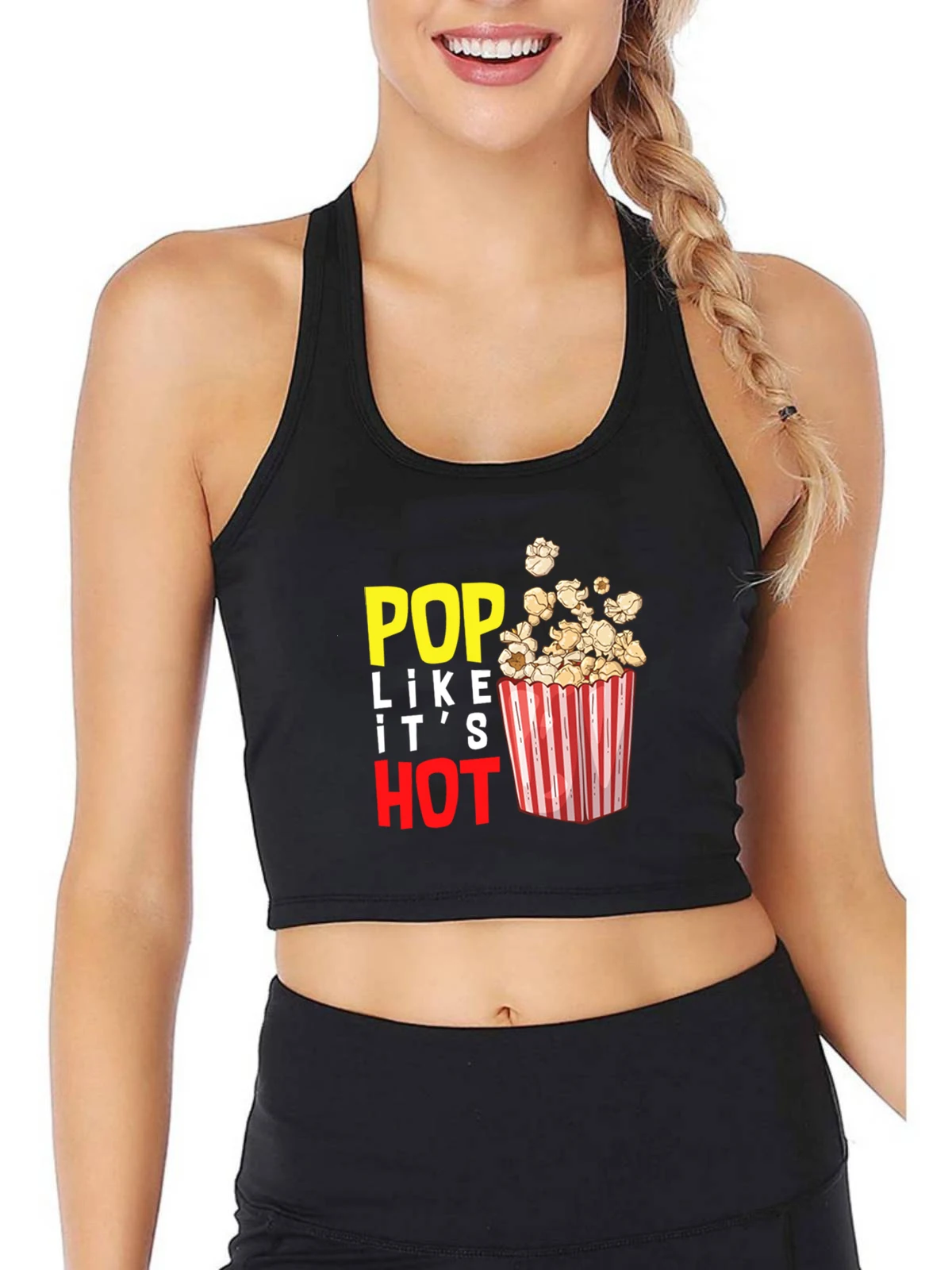 Popcorn Pattern Pop Like It's Hot Sexy Crop Top Women's Cinema Recreational Funny Tank Tops Fitness Training Camisole