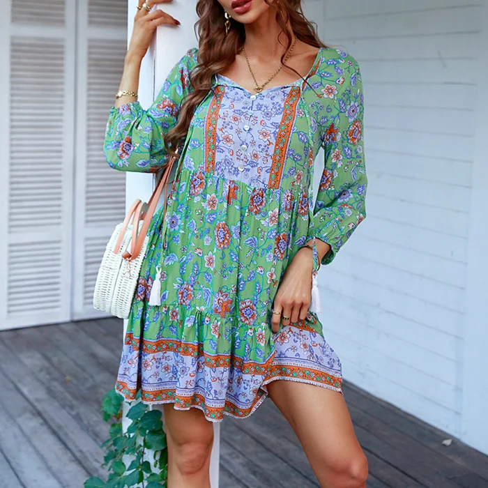 Abito da vacanza da donna 2025 Primavera EstateLeisure Stile vacanza bohémien Stampato Mini abito ampio Gonna corta dritta da spiaggia