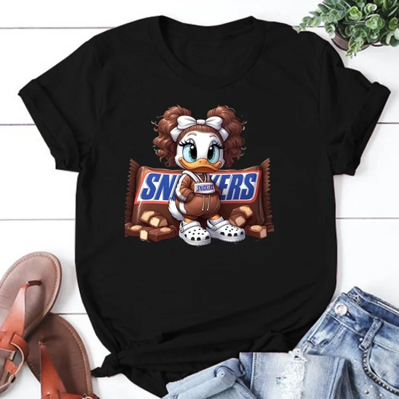 Disney Daisy Duck Minnie Mouse T-shirts for Women Chocolate Print T Shirt Streetwear Clothes T Shirt Female Tops Short Sleeves